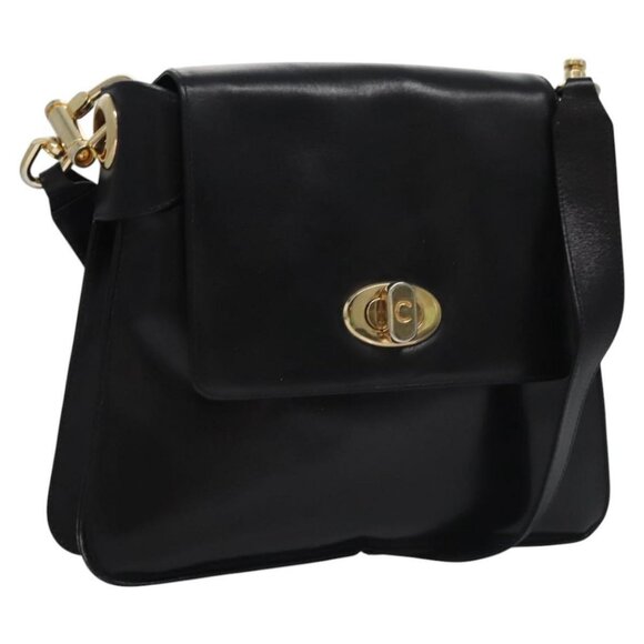 CELINE Shoulder Bag Leather Black Gold Auth EC517